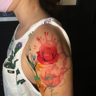 Arm Sunflower and rose tattoo - Color Watercolor and Sketch Tattoos - Black Hat Tattoo Dublin - The Black Hat Tattoo