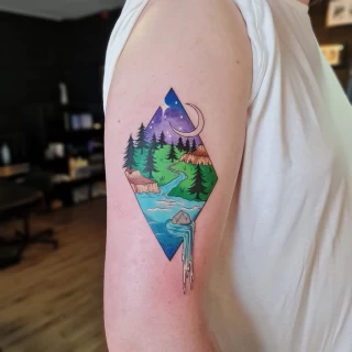 Landscape color tattoo on arm - Color Watercolor and Sketch Tattoos - Black Hat Tattoo Dublin - The Black Hat Tattoo