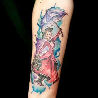 Mary Poppins Tattoo - Color Watercolor and Sketch Tattoos - Black Hat Tattoo Dublin - The Black Hat Tattoo
