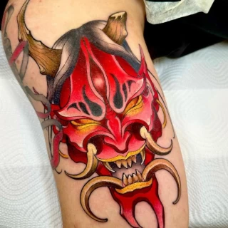 Japanese mask color tattoo - Color Watercolor and Sketch Tattoos - Black Hat Tattoo Dublin - The Black Hat Tattoo
