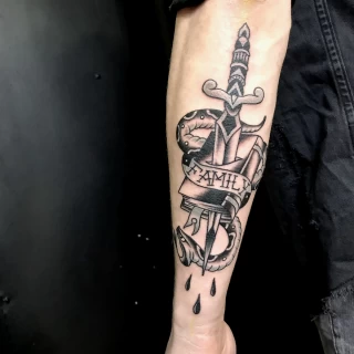 Sagger and snake tattoo on arm - OldSchool Tattoo - Black Hat Tattoo Dublin - The Black Hat Tattoo