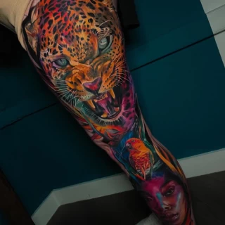 Tiger Tattoo full color on leg - Color Watercolor and Sketch Tattoos - Black Hat Tattoo Dublin - The Black Hat Tattoo