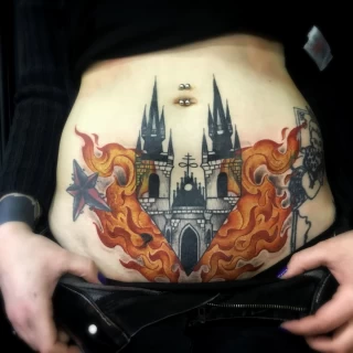 Burning Cathedral Tattoo - Color Watercolor and Sketch Tattoos - Black Hat Tattoo Dublin - The Black Hat Tattoo