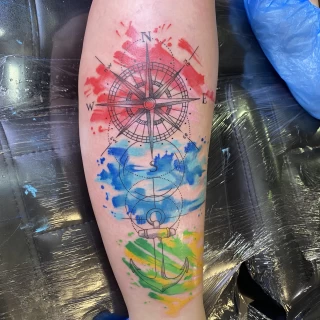 Compass Tattoo on leg - Color Watercolor and Sketch Tattoos - Black Hat Tattoo Dublin - The Black Hat Tattoo