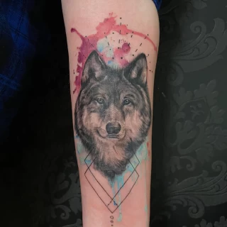 Wolf Head Tattoo on arm - Color Watercolor and Sketch Tattoos - Black Hat Tattoo Dublin - The Black Hat Tattoo