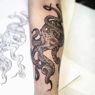 Octopus on arm tattoo - Blackwork Darkwork - Black Hat Tattoo Dublin - The Black Hat Tattoo