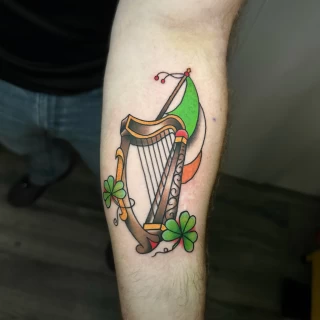 Celtic Harp Tattoo Color - Color Watercolor and Sketch Tattoos - Black Hat Tattoo Dublin - The Black Hat Tattoo